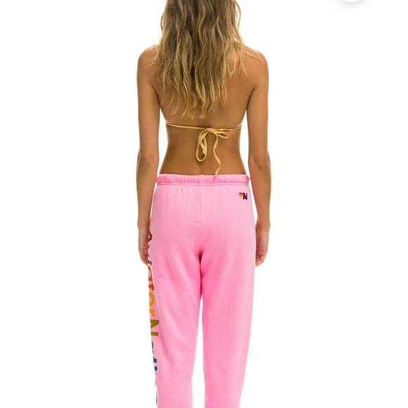 Aviator Nation Pink Sweatpants with Rainbow Logo and Side Stripe - Picture 3 of 4